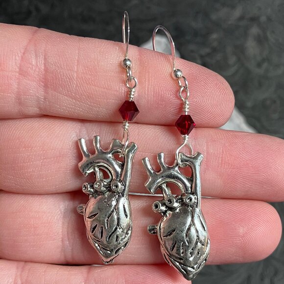 Anatomical Heart and Red Bead Handmade Earrings - Picture 4 of 6